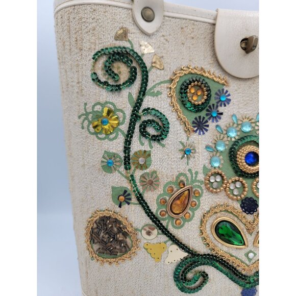 1960s Tote Bag Colins Jeweled Floral Beaded Design Button Closure Wood Bottom - Picture 2 of 16